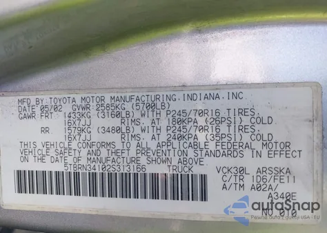 2002 Toyota Tundra Sr5 z USA, uszkodzony, nr VIN 5TBRN34102S313166